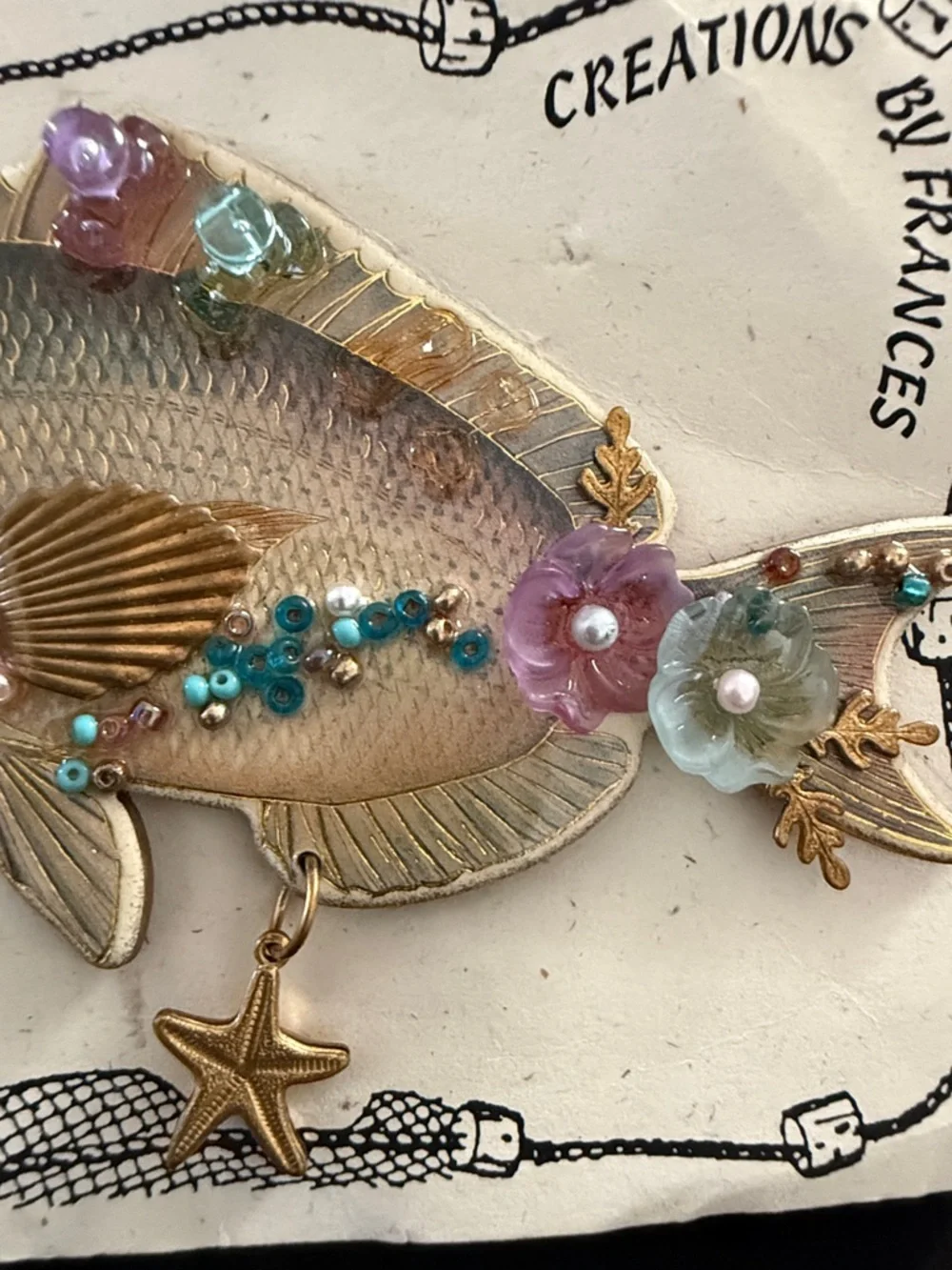Handmade Gold Fish Brooch with Pastel Gem Accents